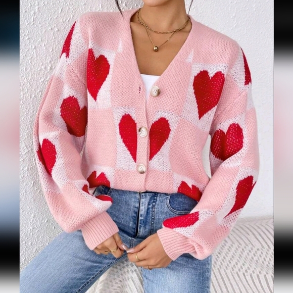Women's Drop Shoulder Long Sleeve Casual Valentine's Day Heart Cardigan - Picture 3 of 5